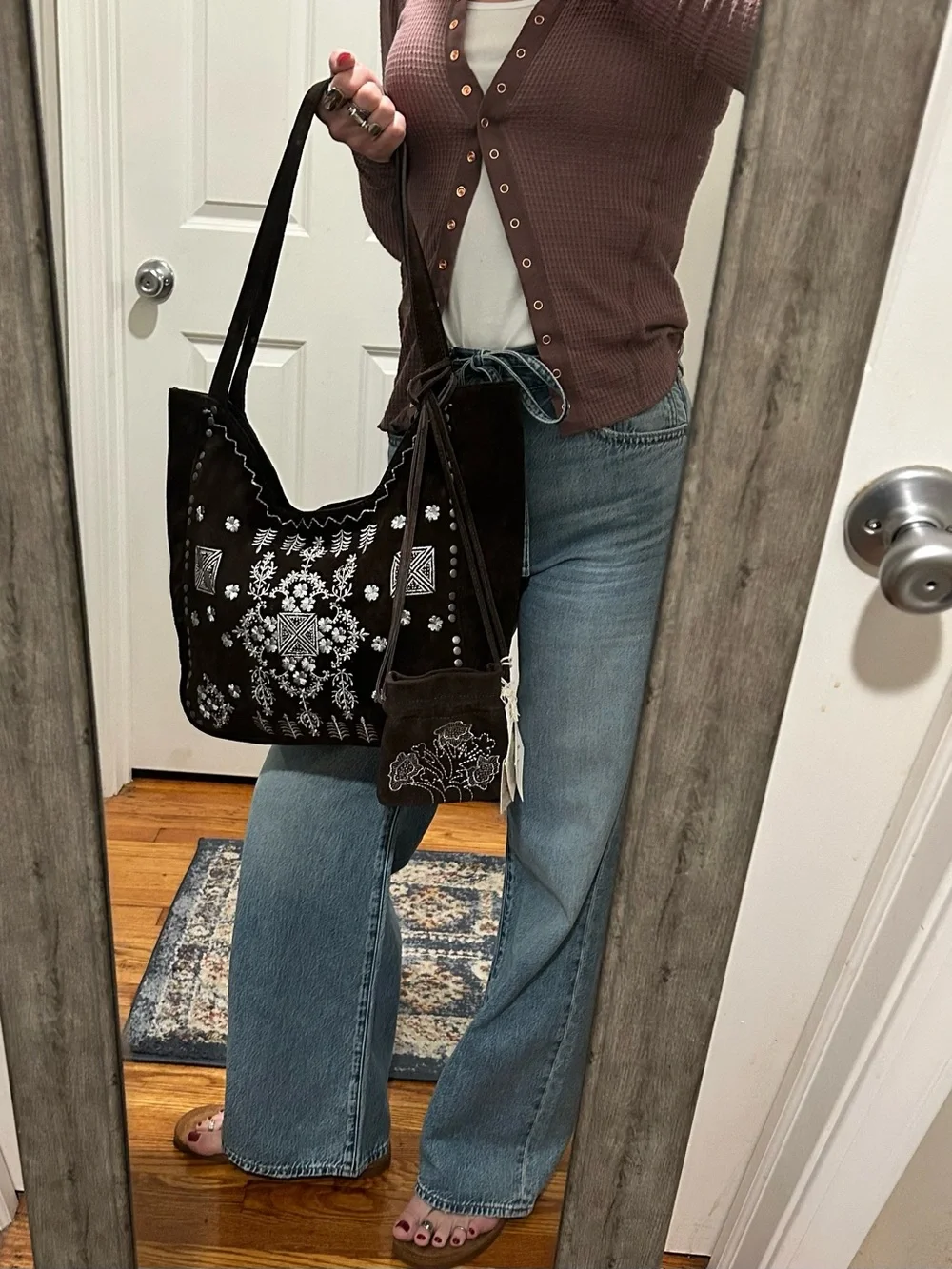 Free People Eden Embroidered Suede Tote + Eden Mini Pouch in Espresso